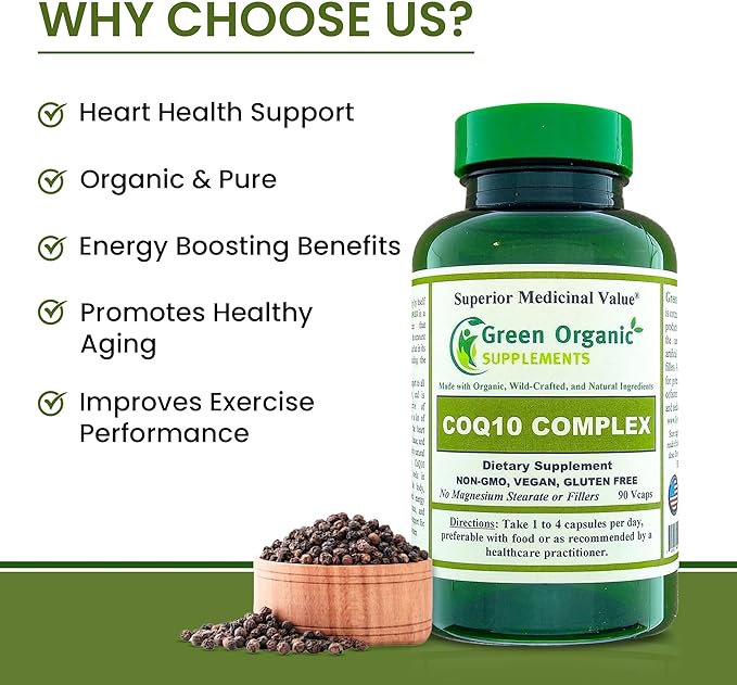 Green Organic Supplements Coq 10 Complex Ubiquinone 90 VCaps High Absorbable Non-GMO Gluten-Free (Pack of 5)