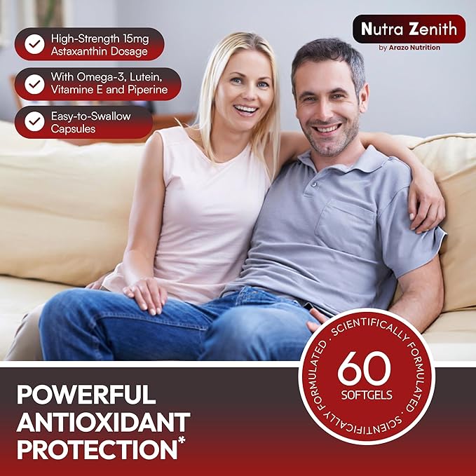 Astaxanthin Supplement with Omega-3 Vitamin E &amp Lutein – 60 Capsules for Super Antioxidant Support Energy Boost Mental Clarity &amp Eye/Skin Care – Triple-Action Formula (Powerful Antioxidant