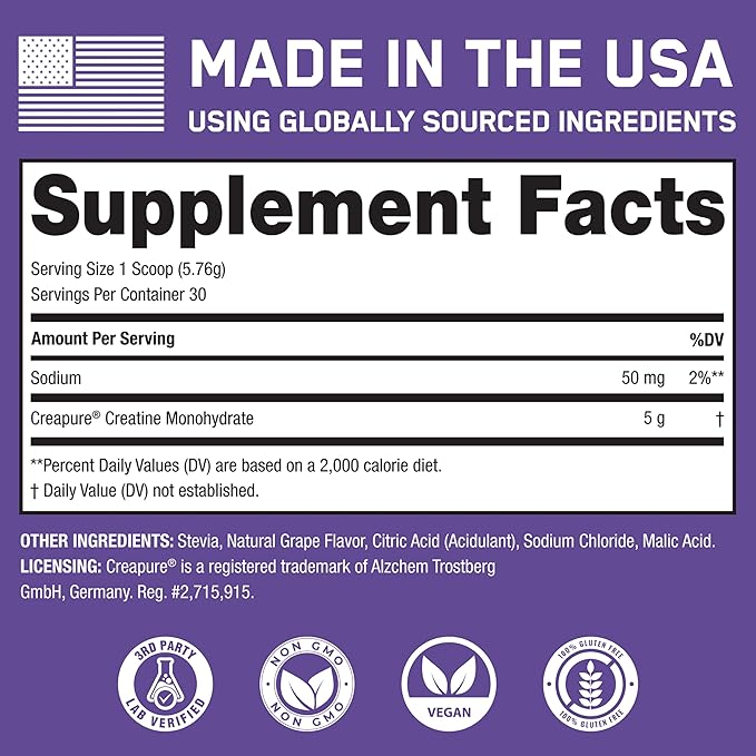 SteelFit Creapure Pure Creatine Monohydrate Powder for Men &amp Women Grape - Flavored Creatine Gym Workout Supplements for Lean Muscle Gain Brain Health &amp Strength Building - 30 Servings