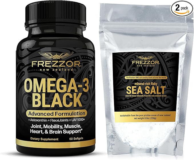 FREZZOR Omega 3 Black Green Lipped Mussel Oil 53x Higher Potency for Superior Joint Comfort &amp Mobility No Fishy Aftertaste 1 Bottle 60 Softgels Plus 1 Pouch of Flaky Sea Salt