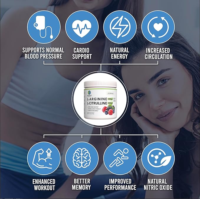 L-Arginine 5000mg + L-Citrulline 2000mg Complex Powder Supplement - Nitric Oxide Booster - Heart Health Blood Flow Energy &amp Endurance - 30 Servings (Berry Blend)