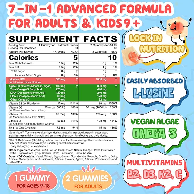 Nextdia L-Lysine 500/1000mg Filled Gummies Support Immune+Kids Brain Booster Supplement for Focus &amp Attention