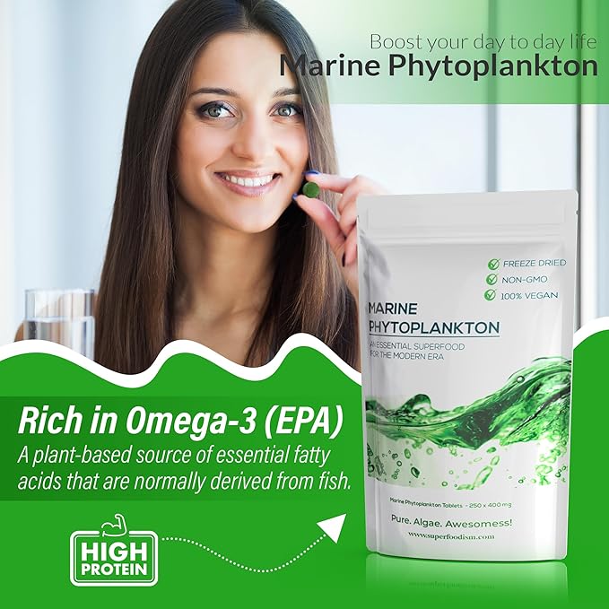 Marine Phytoplankton Supplement Superfood Rich in Omega-3 and Essential Nutrients (250 Tablets)