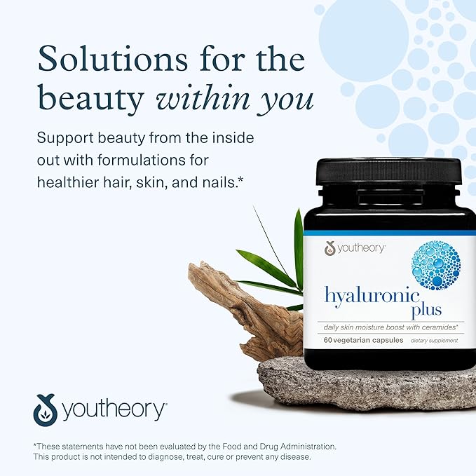 Youtheory Hyaluronic Plus - Hyaluronic Acid Supplement with Ceramides Vitamin C Biotin &amp More - Supports Healthy Skin* - 60 Vegetarian Capsules