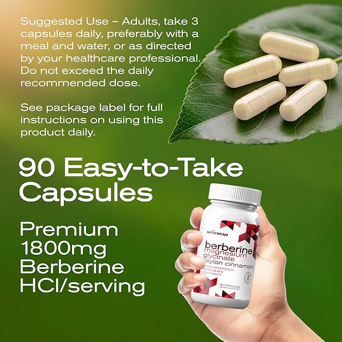 MuseBeam Berberine HCL Magnesium Glycinate Supplement - 1800mg High Purity Capsules with Ceylon Cinnamon - Vegan Friendly Non-GMO Gluten-Free Sugar Free Pill for Men Women