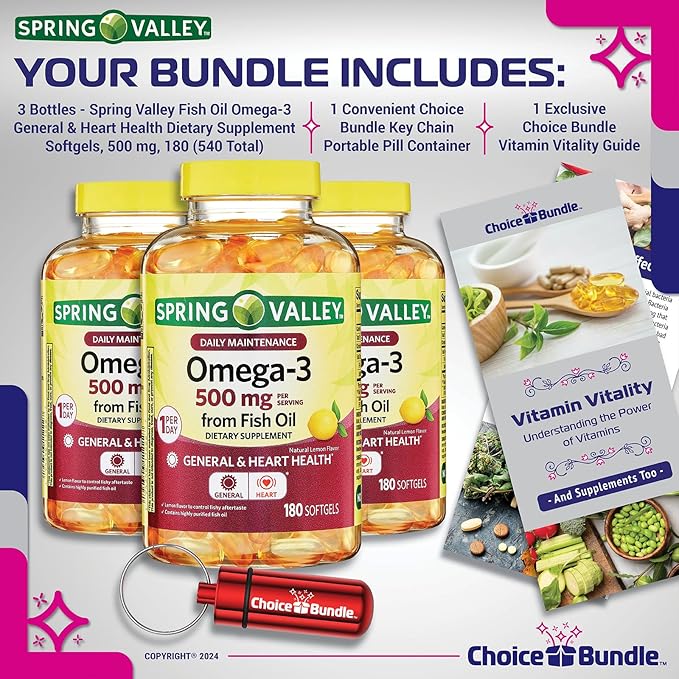 Choice Bundle Spring Valley Fish Oil Omega 3 Fatty Acid Supplement Lemon Softgels 500 mg 180 Ct 3 pk (540 Total) + Vitamin Guide and Pill Container (5 Items)!