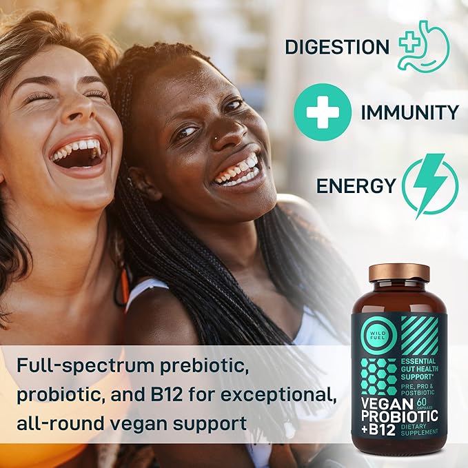 Vegan Probiotic Plus B12 &amp FOS - 22 Billion CFU Synbiotics Prebiotics and Probiotics for Digestive Health IBS Mood Support - B12 Pre Pro Post Biotics for Women &amp Men - 60 Gluten-Free Capsule