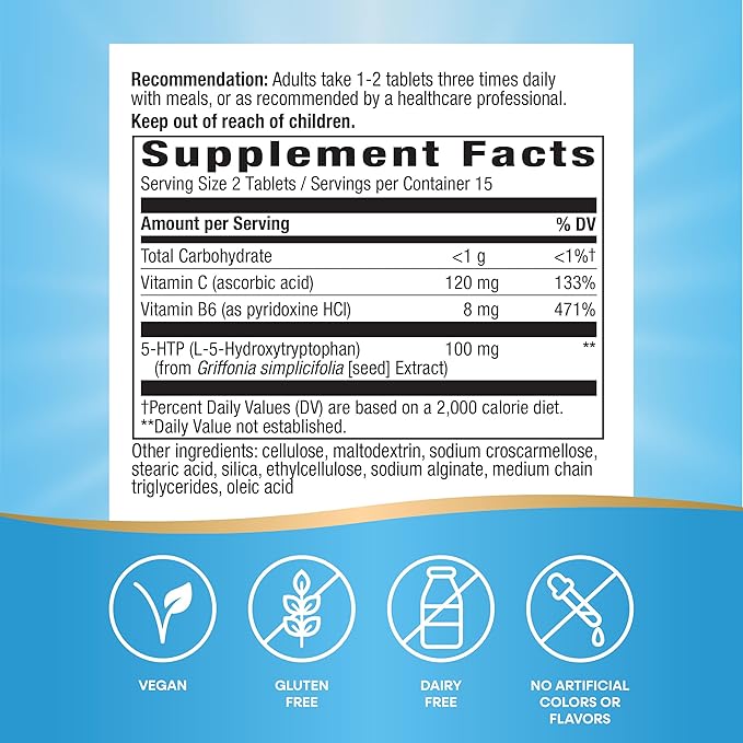 Nature's Way 5-HTP L-5-Hydroxytryptophan Helps Make Serotonin to Promote a Positive Outlook* Vitamin B6 Vitamin C Griffonia Bean Extract 30 Tablets (Packaging May Vary) - 2 Pack