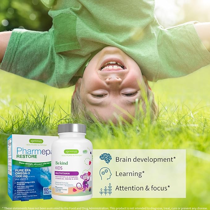 Igennus Pharmepa Restore + Methylated Kids Multivitamin Gummy Attention &amp Focus Bundle for 6y+ 1000mg Pure EPA Fish Oil + 90 Sugar Free Berry Gummies