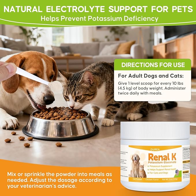 Renal K Potassium Gluconate for Dogs &amp Cats – 2.2 mEq per Scoop – Supports Kidney Function Restores Potassium Levels – Boosts Energy – Muscle Strength – Vet-Recommended