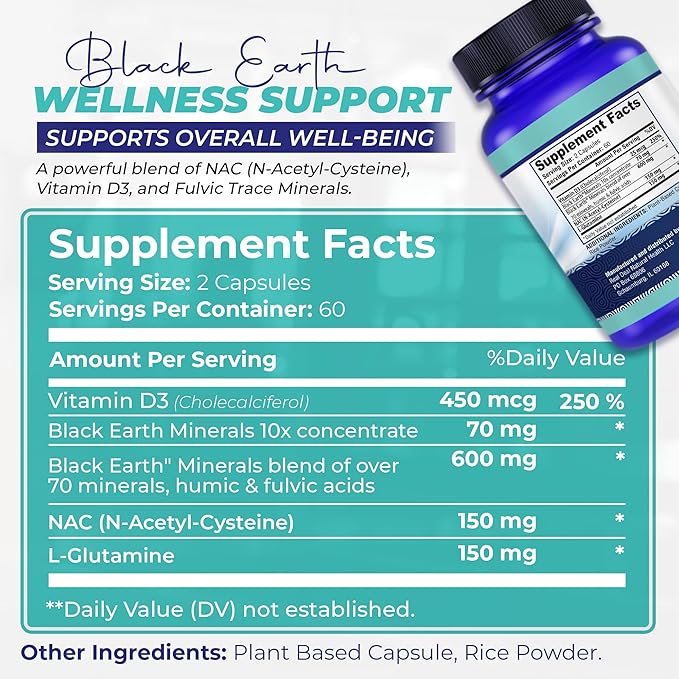 Black Earth Wellness Support 120 Vegcaps - Immune Formula 60 Day Supply with NAC Vitamin D3 Amino Acids Fulvic Acid Humic Acid Over 70 Trace Minerals - Nutritional Supplement for Winter Wellness