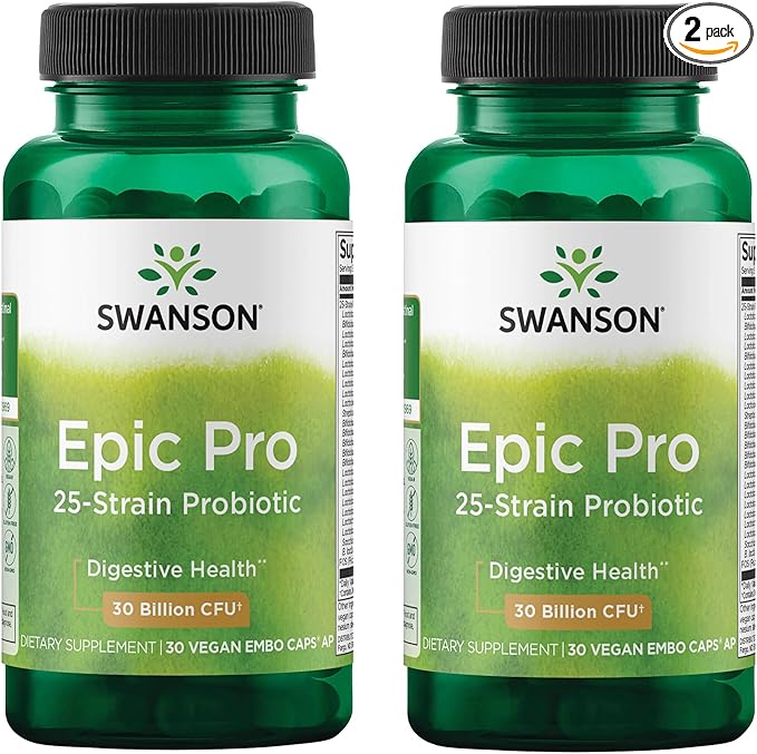 Swanson Epic-Pro 25-Strain Probiotic with Prebiotic FOS for Gut-Health-Conscious Adults Seeking Comprehensive Digestive and Immune Support - 30 Billion CFU (30 Vegan DRcaps 2 Pack)