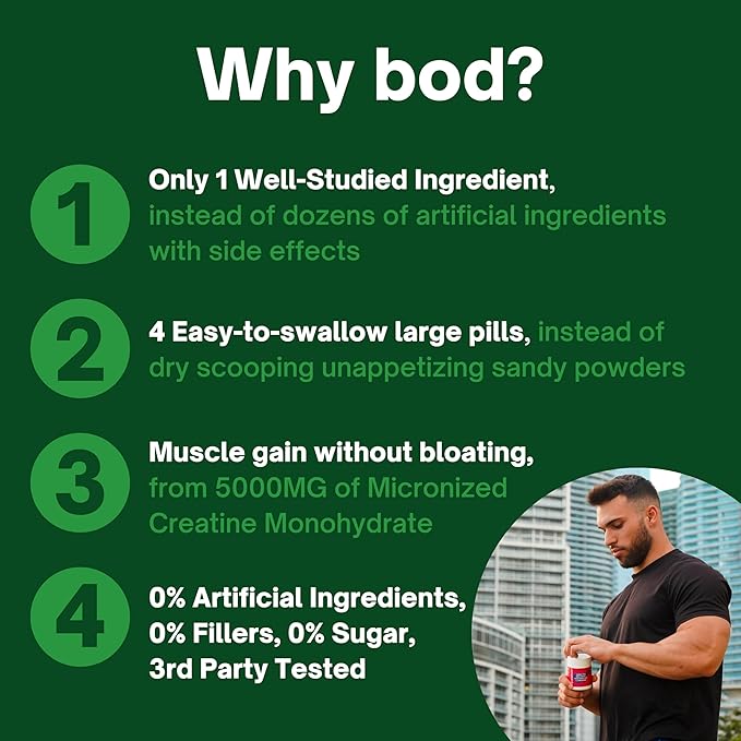 Bod Creatine Monohydrate Capsules – 45 Servings (4 Capsules = 5 g) – Ultra-Pure 200 Mesh Creatine Monohydrate – Strength Power Muscle Growth &amp Recovery