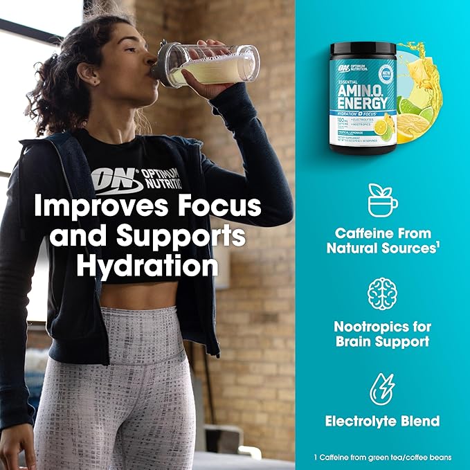 Optimum Nutrition Amino Energy Powder Plus Focus with BCAA Electrolytes and Caffeine Tropical Lemonade 30 Servings (Packaging May Vary)