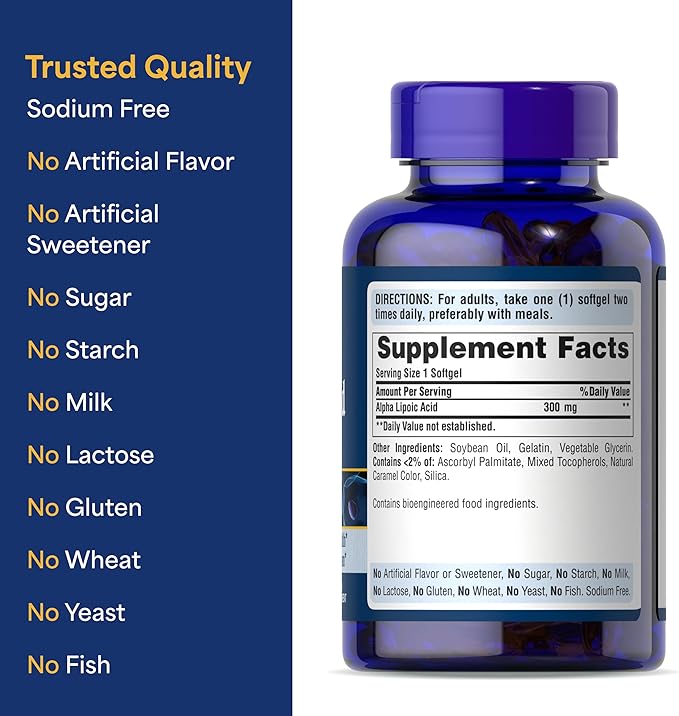 Puritan's Pride Alpha Lipoic Acid 300mg Dietary Supplement for Antioxidant Health Sugar and Energy Metabolism Support 4 Month Supply 120 Rapid Release Softgels