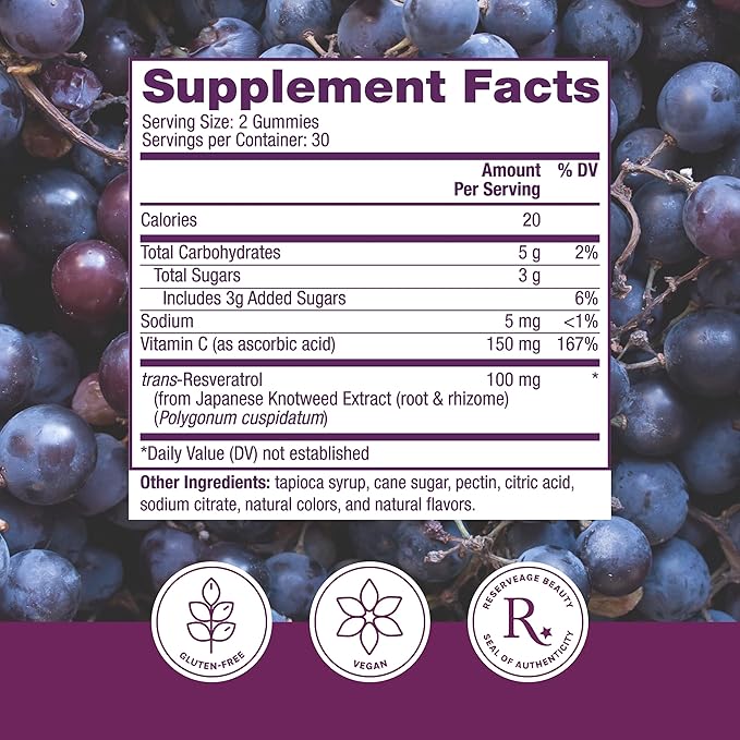 Reserveage Beauty - Resveratrol Gummies 100 mg Antioxidant Supplement for Heart Health Antioxidant Supplement Supports Healthy Aging Vegan - 1 Pack