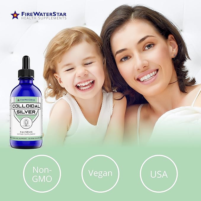 FWS Colloidal Silver Liquid Silver Drops 99.99% Pure Silver 4 oz Glass Bottle 60 Servings (2 Month Supply) 50 ppm Concentrated for Easy and Convenient Servings