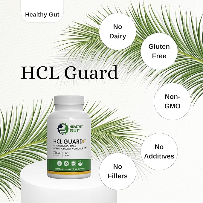 Healthy Gut HCL Guard | Betaine HCl with Pepsin | Betaine Hydrochloride Digestive Supplement w/Organic Ginger Root &amp DGL | 60 Servings