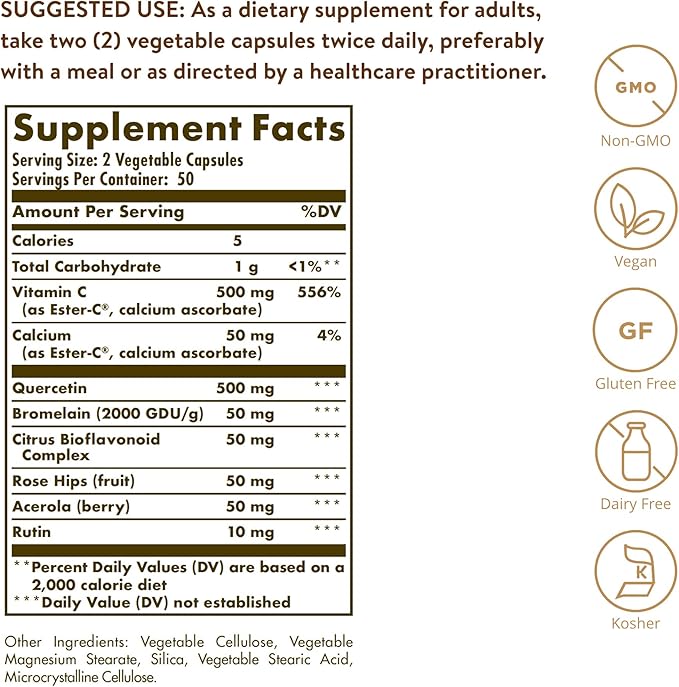 Solgar Quercetin Complex with Ester-C Plus 100 Vegetable Capsules - Supports Immune Health Antioxidant - Gentle on The Stomach Vitamin C - Non-GMO Vegan Gluten/Dairy Free - 50 Servings