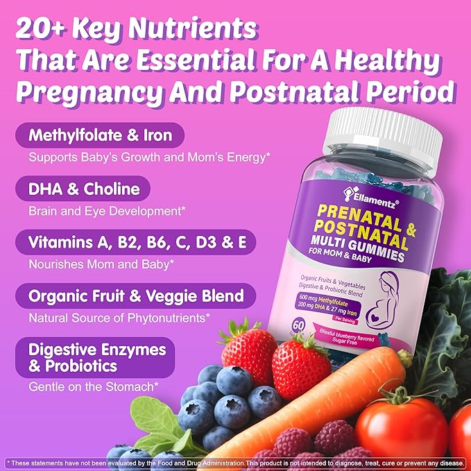 Prenatal Vitamins for Women with Methylfolate Vegan Omega-3 DHA Organic Food Blend Probiotics Iron Vitamin D3 B6 B12 Choline Sugar Free Multivitamin for Women During &amp Post Pregnancy 60 Ct