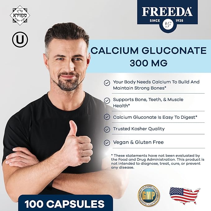Freeda Calcium Gluconate – Kosher Vegan Calcium Supplement – Easy to Digest &amp Absorb – Supports Bone Strength – Pure Calcium Without Vitamin D – (100 Capsules)