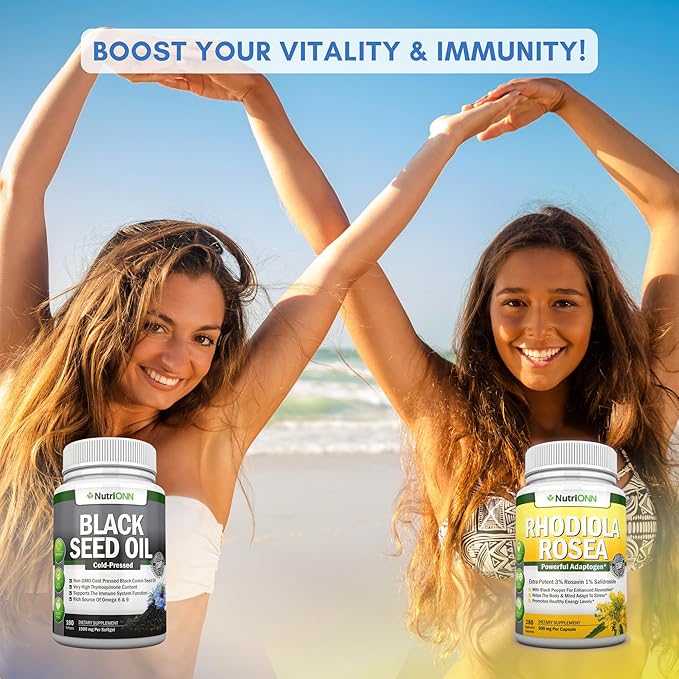 Black Seed Oil Softgels &amp Rhodiola Rosea Capsules - Targeted Vitality and Immunity Boost