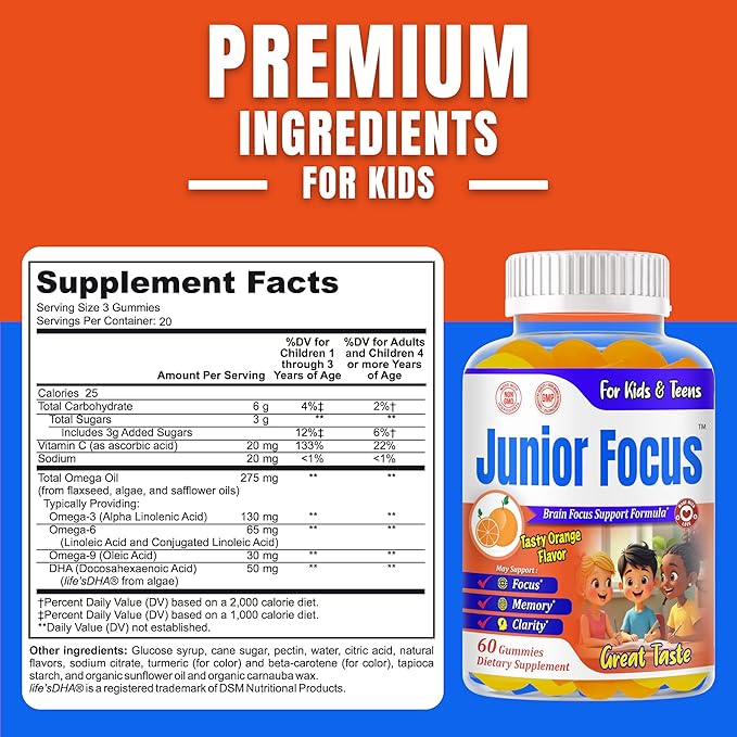 Focus Gummies for Kids and Teens – Kids Omega 3 Brain Support Gummies Vitamins for Kids – Brain Focus Supplements Kids Vitamin Gummies – Orange Flavor 60 Gummy Vitamins for Teens
