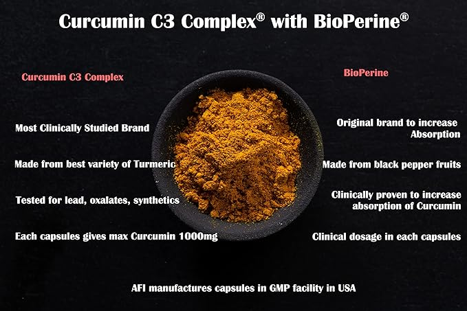 AFI Super Curcumin C3 Complex 1000mg Turmeric 95% no oxalates Black Pepper Extract Max Absorption for Joint Health Vegetarian Gluten-Free Non-GMO