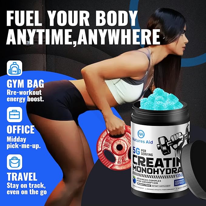 Natures Aid Creatine Monohydrate Gummies (5g) – Pre-Workout Energy &amp Muscle Growth Support for Men &amp Women | Blueberry Electrolyte Gummies (135 Count)