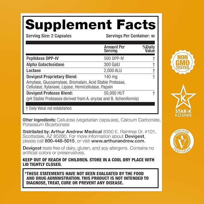 Arthur Andrew Medical - Devigest ADS Advanced Digestive Support Relief for Lactose Intolerance and Casein Sensitivities Vegan Non-GMO 180 Capsules