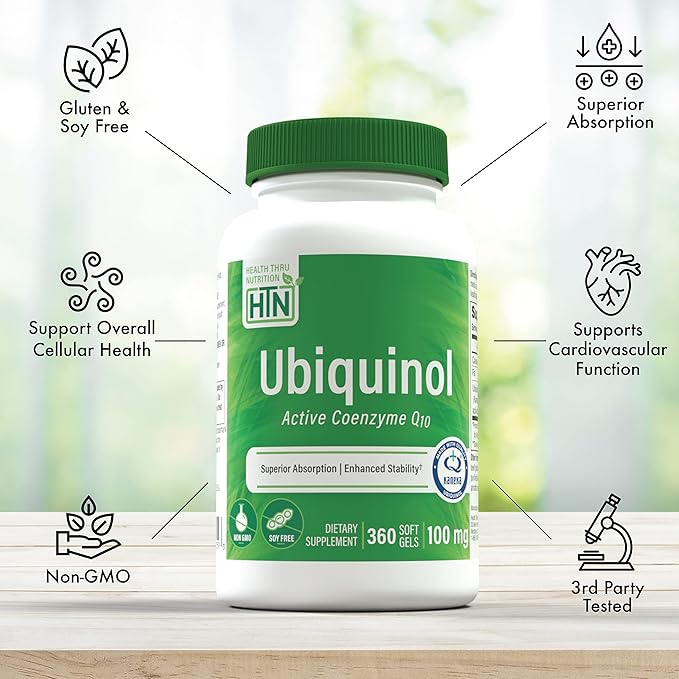 Health Thru Nutrition Ubiquinol 100mg 360 Softgels as Kaneka QH Reduced CoQ-10 | Stabilized - 3rd Party Tested | Enhanced Bioavailability | Cardiovascular &amp Mitochondria Function Support | Non-GMO
