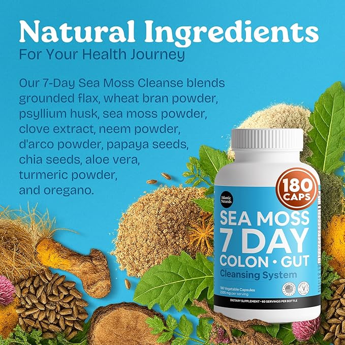 Atlantic Naturals Sea Moss 7 Day Colon &amp Gut | Enriched with Psyllium Husk Senna Powder Turmeric &amp Herbs | Supports Digestive Health Bloating &amp Natural Flushing for Women &amp Men | 1