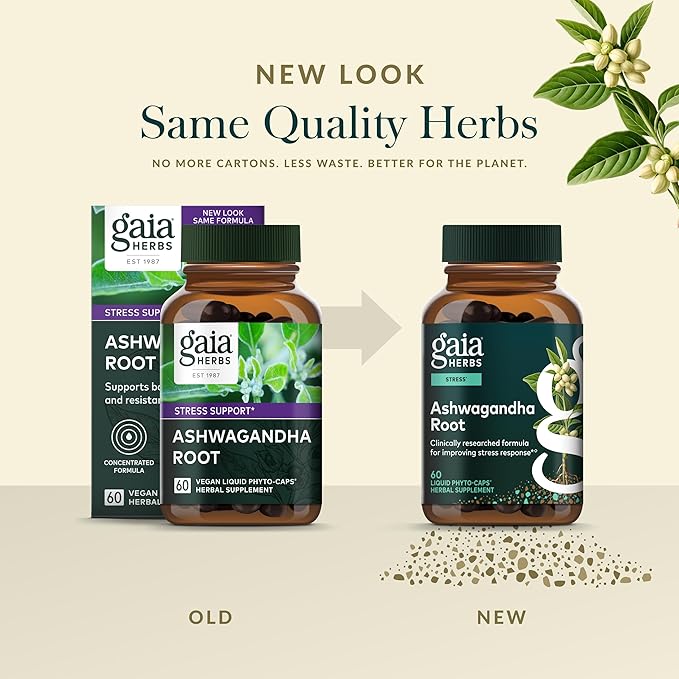 Gaia Herbs Ashwagandha Root - Stress Relief &amp Sleep Support Supplement - Supports Balanced Energy Levels &amp Positive Outlook* - 60 Vegan Liquid Phyto-Caps (30 Servings)