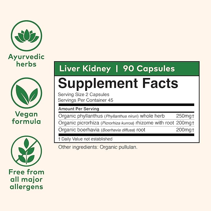 ORGANIC INDIA Liver Kidney Herbal Supplement - Detoxify &amp Rejuvenate Supports Healthy Liver &amp Kidney Function Vegan Gluten-Free Kosher USDA Certified Organic Non-GMO - 90 Capsules