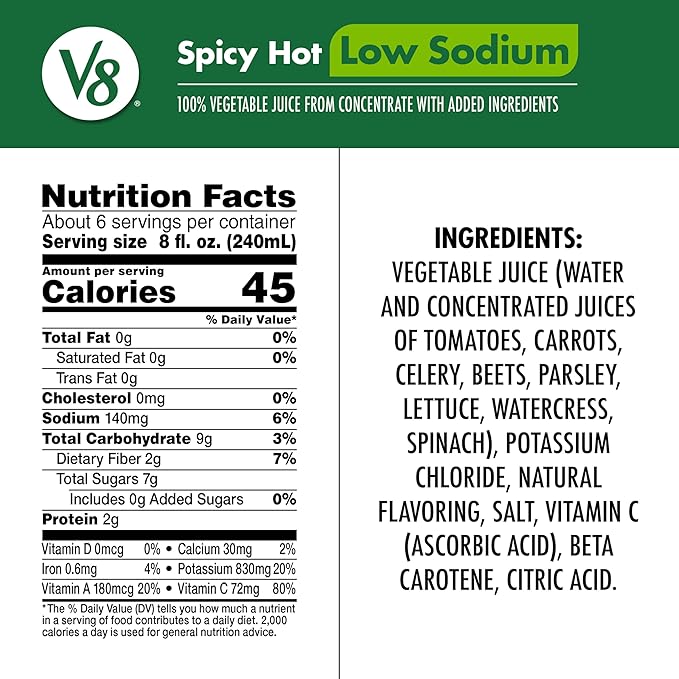 V8 Low Sodium Spicy Hot 100% Vegetable Juice 46 fl oz Bottle (Pack of 6)