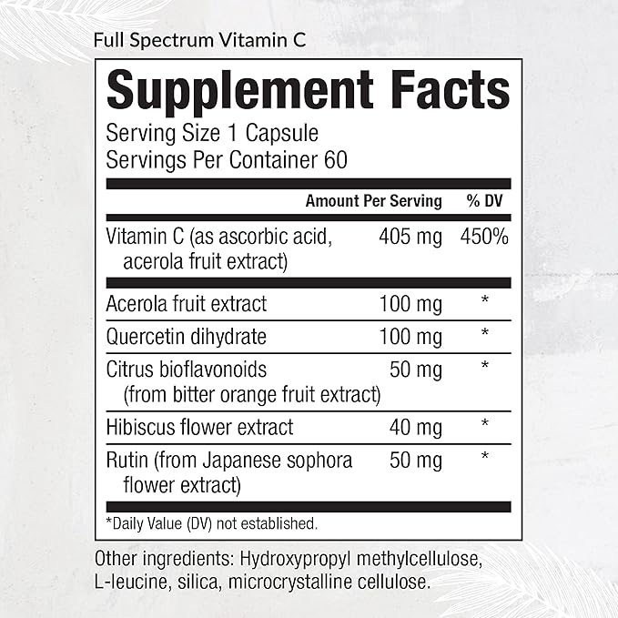 Equilife Full Spectrum Vitamin C Supplement with Quercetin Hibiscus and Rutin Plant Based Antioxidant Formula Gluten Free Soy and Dairy Free Non GMO Easy to Use 60 Capsules