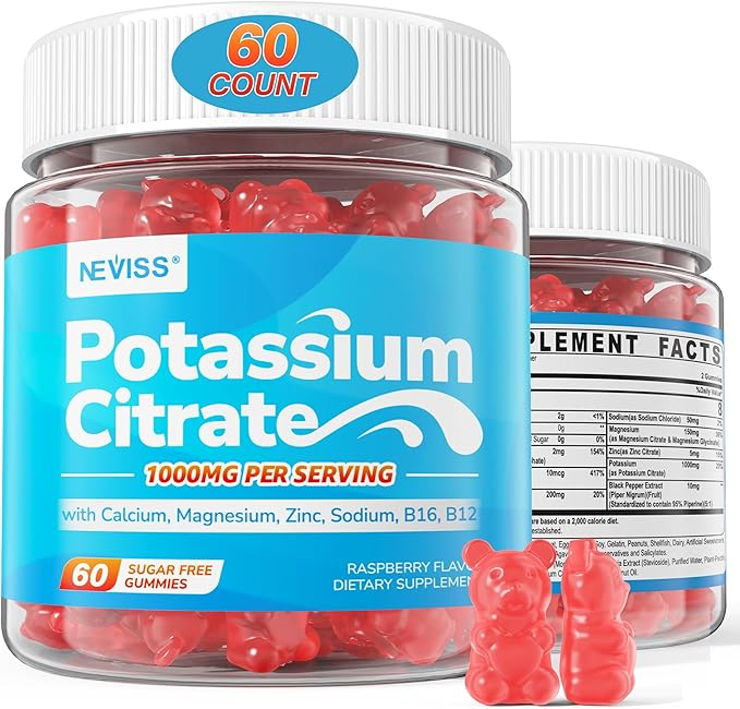 Potassium Citrate 1000mg Gummies Potassium Magnesium Supplement + Calcium Zinc Sodium Vitamin B6 B12 Support Leg Cramps Electrolyte Balance Body Performance Energy Boost Sugar Free 60 Cts