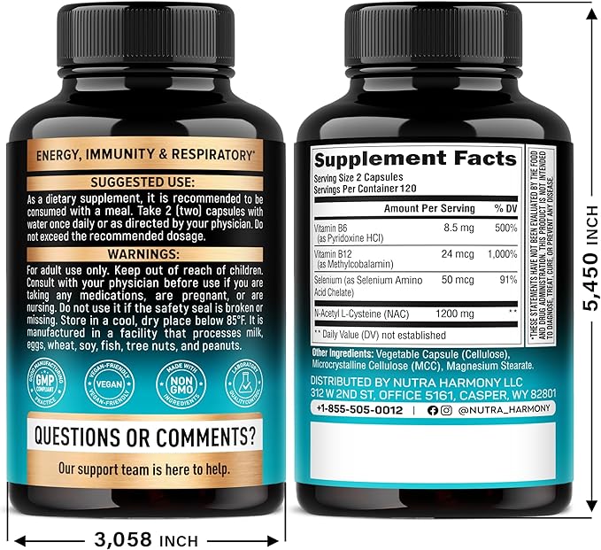 NAC Supplement | Selenium | B6 | B12 - Antioxidant Immune Support - N Acetyl Cysteine 600 mg per Capsule 1200 mg per Serving - Made in USA - Non-GMO Gluten-Free Vegan - 240 Caps 4 Month Supply