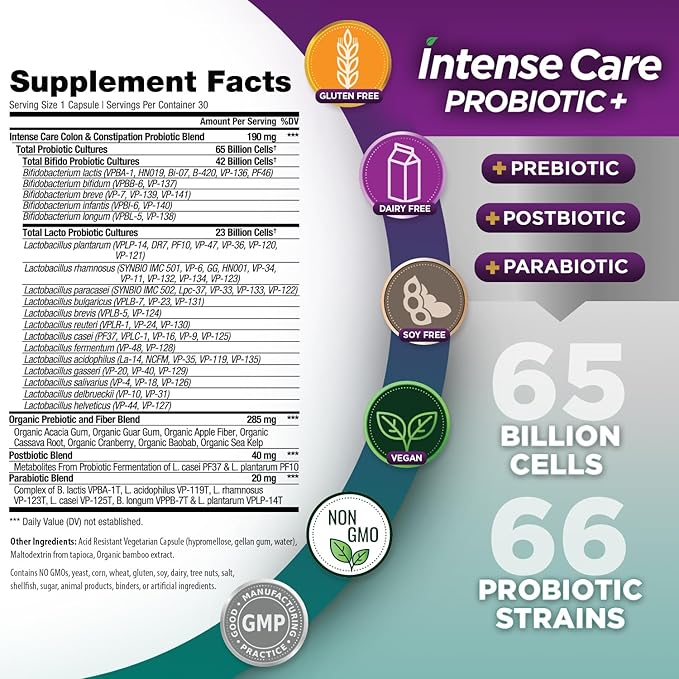 Vital Planet - Intense Care Colon &amp Constipation Probiotics Plus Organic Prebiotics Postbiotics Parabiotics Complete 4-in-1 Health Supplement for Adults 65 Billion CFU 66 Strains 30 ct