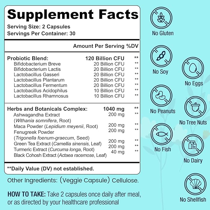 Menopause Supplements for Women 120 Billion CFU Probiotic 13-in-1 Herbs Probiotics Complex for Menopause Relief Hormone Balance Hot Flashes Night Sweats Mood Swings Gut &amp Immunity - 60 Cap