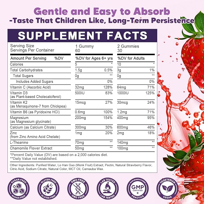 Magnesium Glycinate Gummies for Kids &amp Adults - 400/200mg Magnesium Supplement with L-Theanine Chamomile D3 &amp K2 Kids Sleep Gummies Melatonin Free for Zzz &amp Relax Cognition - Sugar Fr