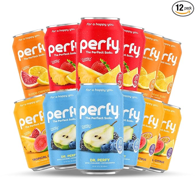 PERFY Caffeine Free Healthy Soda Variety Pack | Made With Real Fruit Juice – Low Sugar Nootropic Drinks with L-Theanine + Turmeric or Ashwagandha | Calming Functional Mocktail Sampler | Keto + GLP-1 F