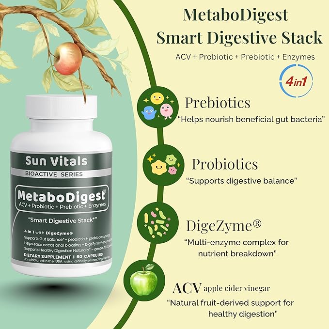 Sun Vitals MetaboDigest – ACV Apple Cider Vinegar Capsules with Digestive Enzymes Prebiotic Fiber &amp Probiotic | Digestive Health &amp Bloating Relief | Gut Balance for Women &amp Men | 60 Capsu