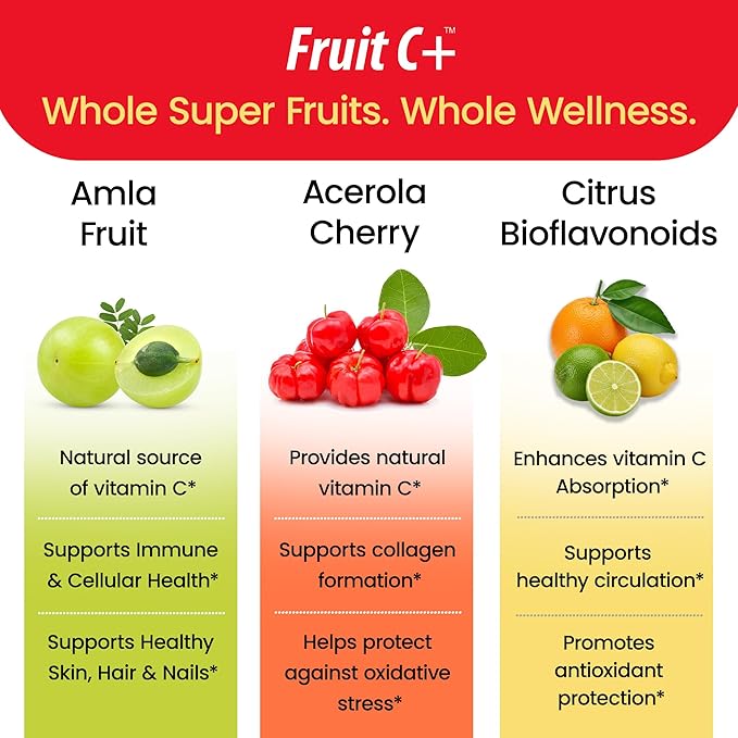 Organic Veda Fruit C+ Vitamin C Complex - 1250mg Organic Whole Food Vitamin C Supplement with Citrus Bioflavonoids Acerola &amp Amla - Daily Antioxidants Immunity Collagen Boost - 120 Vegan Capsul