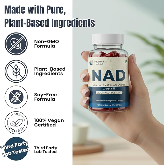 NAD+ Nicotinamide Riboside Chloride Capsules – 30 Capsules Dietary Supplement – Plant-Based Non-GMO Soy-Free 100% Vegan – Daily Nutritional Support Third-Party Lab Tested