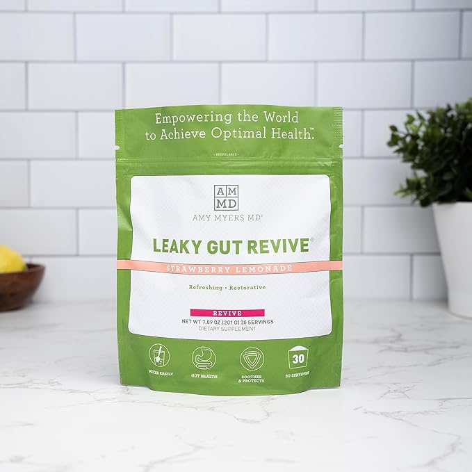 Amy Myers MD Leaky Gut Revive - L-Glutamine Digestion Support - Healthy Gut Aid with Marshmallow &amp Licorice Root - Aids Mucosal Lining - 201 g Strawberry Lemonade (30 Servings)