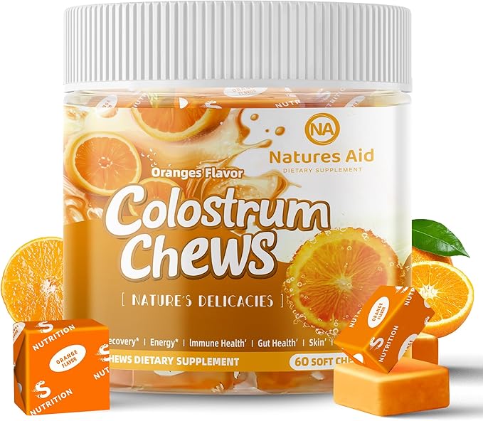 Colostrum Chews Supplement with probiotics for Gut Health Bloating Immune Support Skin Hair Growth and Beauty - Orange Flavor (60 Servings)