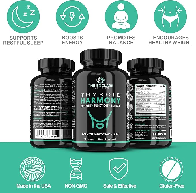 THE ENCLARE NUTRITION Thyroid Support Supplement with Iodine - Balance Hormones for Energy Metabolism Focus Stress Mood. Ashwagandha Zinc Selenium Vitamin B12 Kelp Magnesium L Tyrosine (1)