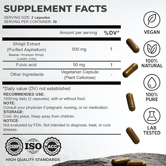 Natural Himalayan Shilajit Capsules - High Fulvic Acid &amp 85+ Trace Minerals Lab-Tested for Purity Natural Supplement for Immune Support &amp Cognitive Health 60 Vegan Capsules