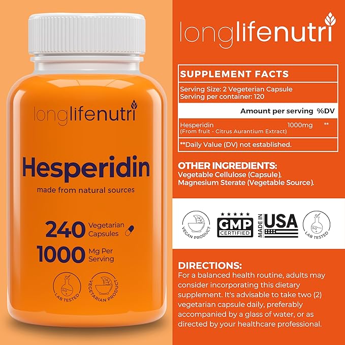 LongLifeNutri Hesperidin 1000 mg (240 Caps) &amp Berberine HCl 500 mg (180 Veg Caps) Bundle – 4–6 Month Supply Bioflavonoid &amp Botanical Alkaloid Non-GMO GMP Certified Made in USA